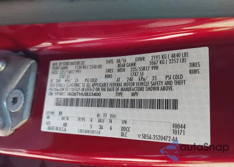 2017 Ford Escape Se из США, поврежденный, VIN 1FMCU9G97HUB33400